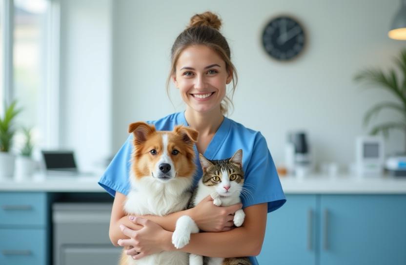 Vétérinaire souriante tenant un chat et un chien dans une clinique moderne à Paris