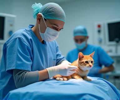 Chirurgien vétérinaire opérant un chat en salle stérile