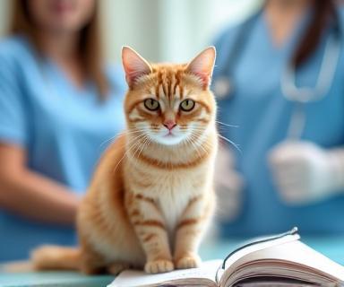 Chat avec carnet de santé, entouré par l’équipe