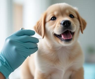Vétérinaire administrant un vaccin à un chiot heureux